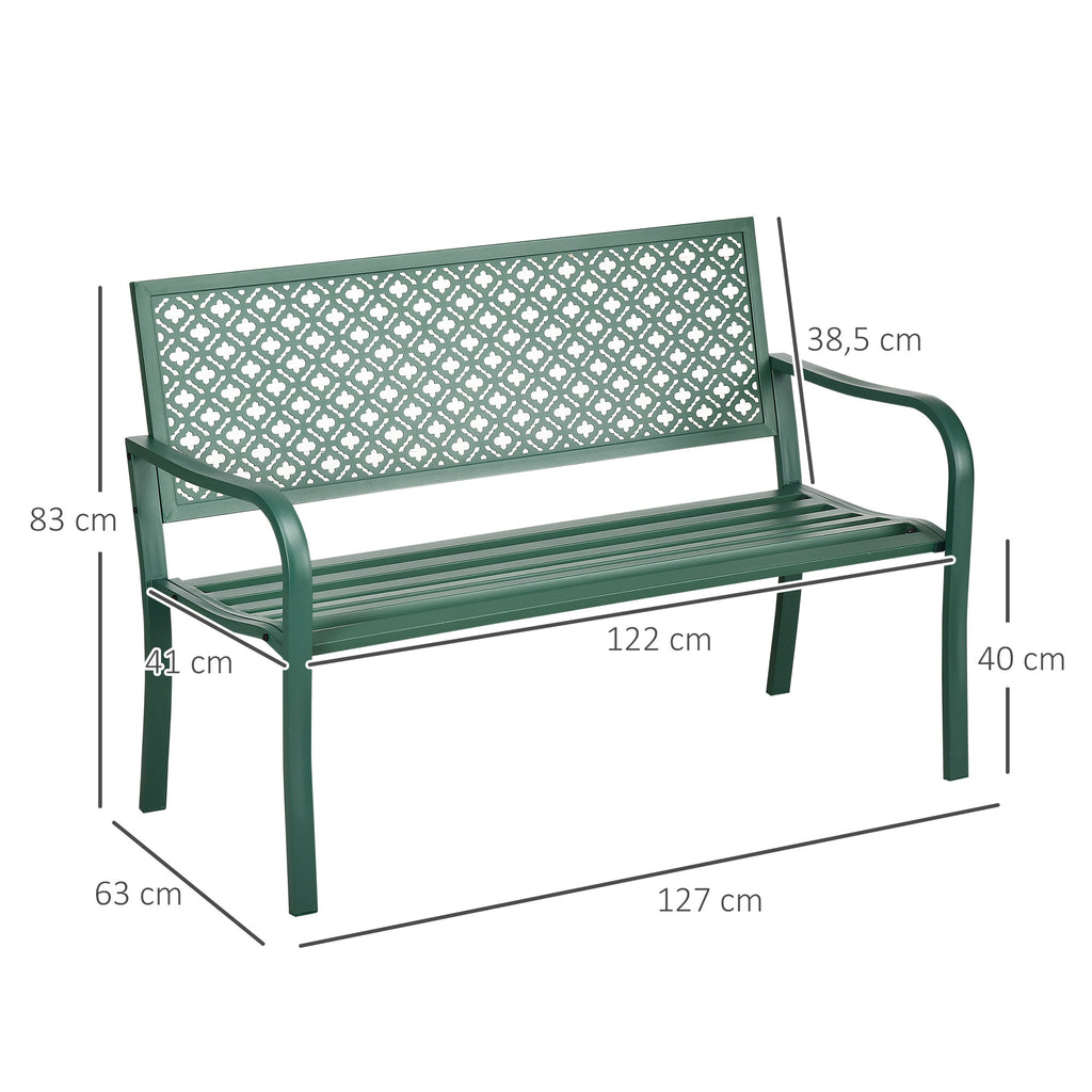 Banc de jardin banc extérieur jardin en acier avec dossier à motif floral pour 2 personnes 127 x 63 x 83 cm vert foncé-2