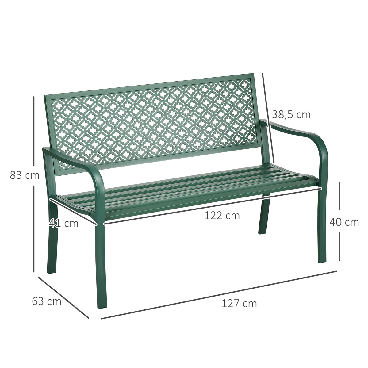 Banc de jardin banc extérieur jardin en acier avec dossier à motif floral pour 2 personnes 127 x 63 x 83 cm vert foncé-2