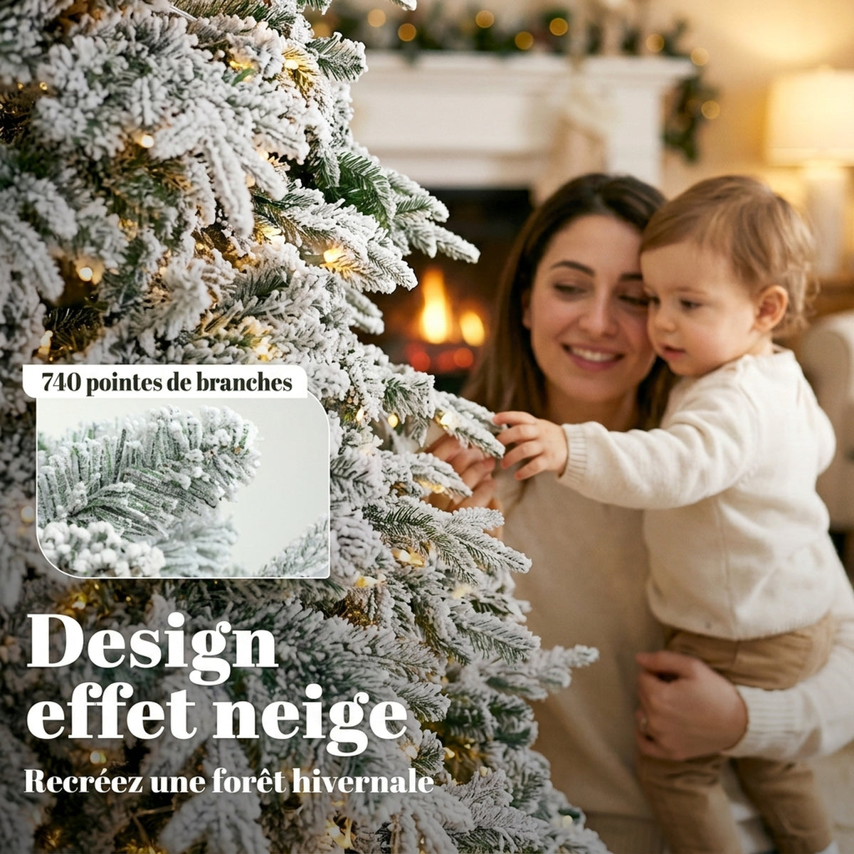 Sapin de Noël Artificiel 180 cm Arbre de Noël Lumineux Enneigé, Branches Articulées, Lumière 350 LEDs, Vert et Blanc-5