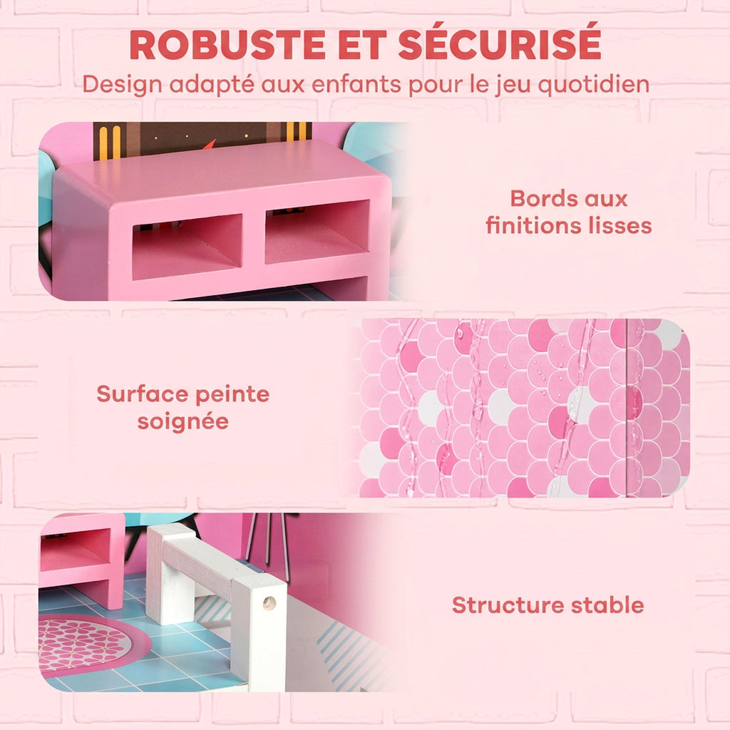 Maison de Poupée en Bois pour Enfants, Maison de Rêve Filles à 3 Étages avec Balcon, Escaliers et 10 Accessoires, Rose-6