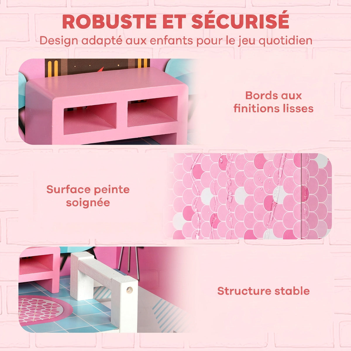 Maison de Poupée en Bois pour Enfants, Maison de Rêve Filles à 3 Étages avec Balcon, Escaliers et 10 Accessoires, Rose-6