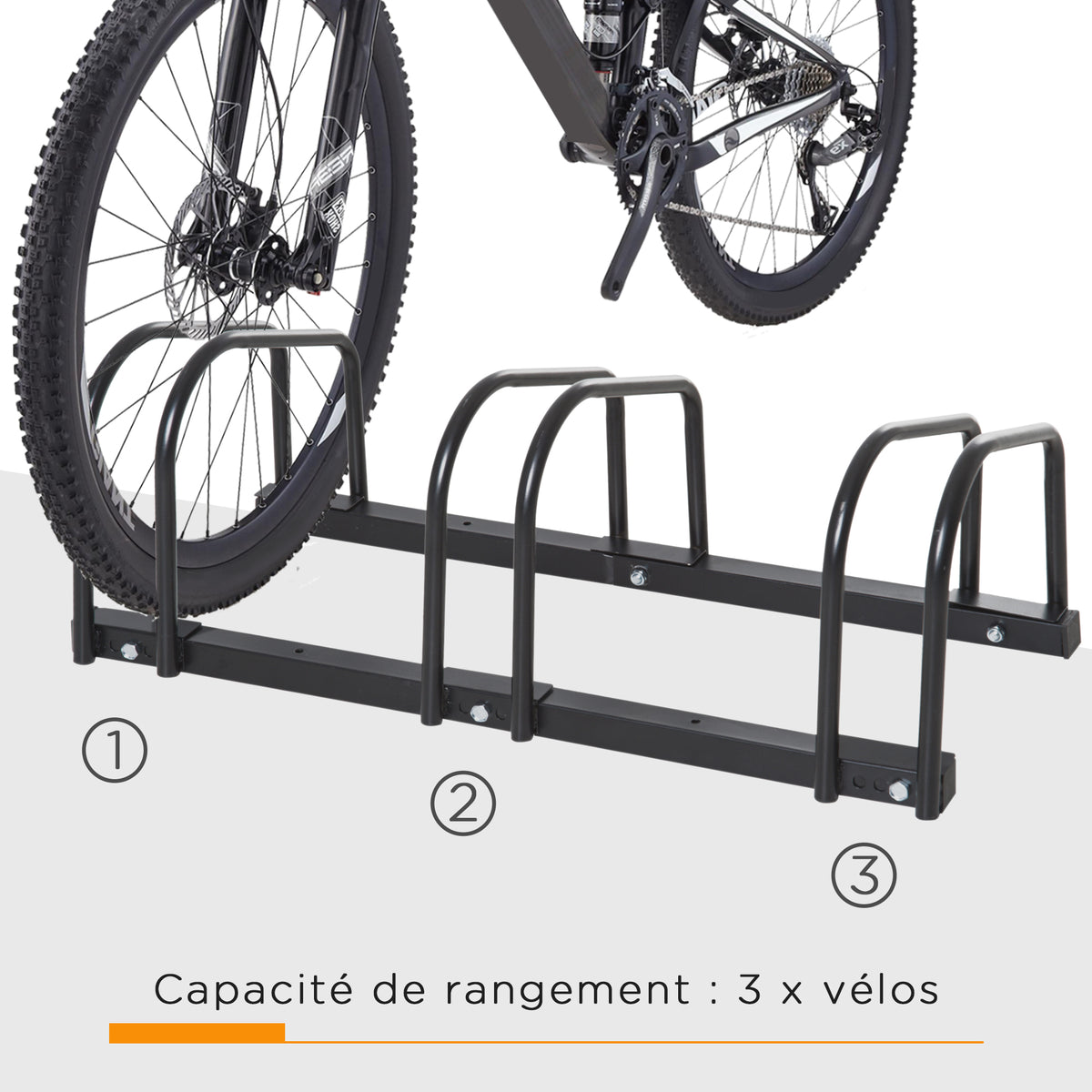 Râtelier 3 vélos -  - rangement pneu 65 mm sol ou mural - pour VTT enfants BMX - 76 x 33 x 27 cm - acier - noir-3