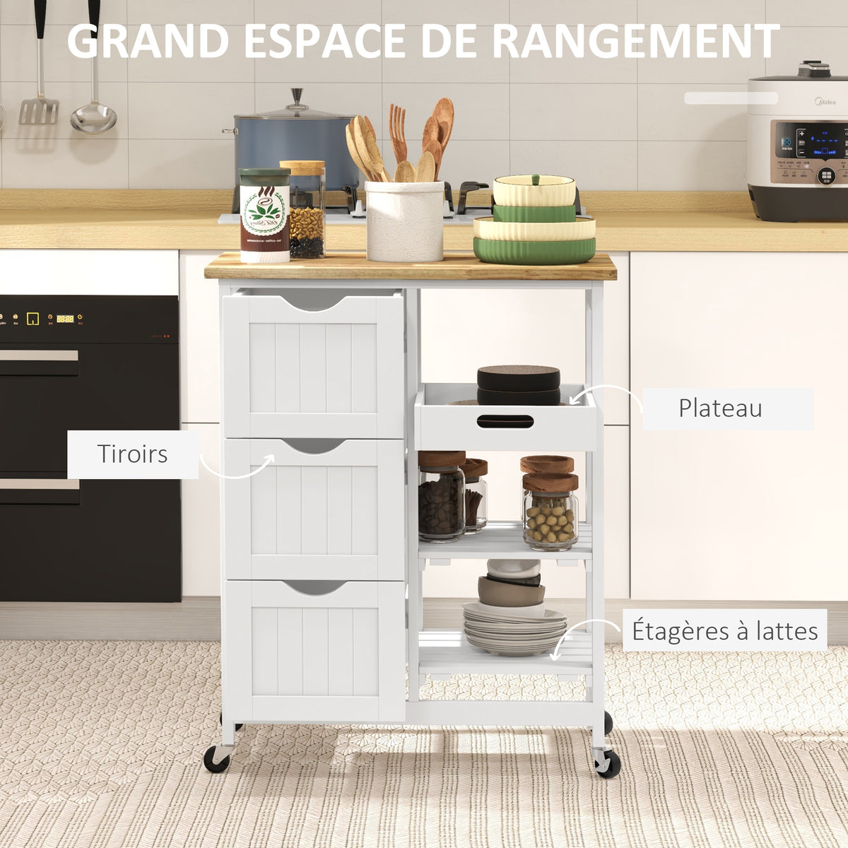 Chariot desserte de cuisine à roulettes plan de travail en bois 3 tiroirs + 1 plateau amovible 67 x 37 x 85,5 cm blanc-3