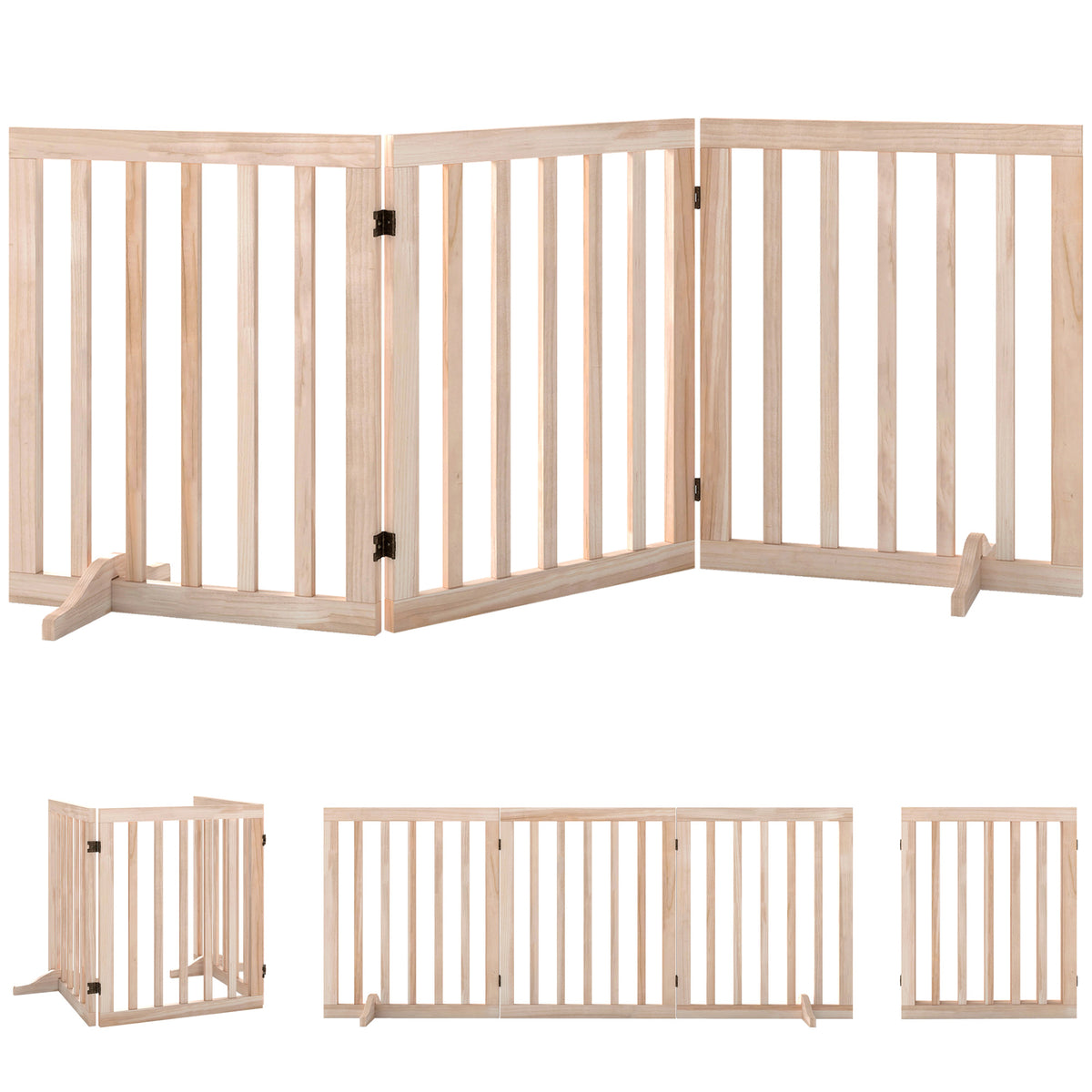 Barrière de Sécurité pour Chien Barrière Chien Sans Perçage Pliable et Autoportante 3 Panneaux 150 x 36 x 61 cm Naturel-0