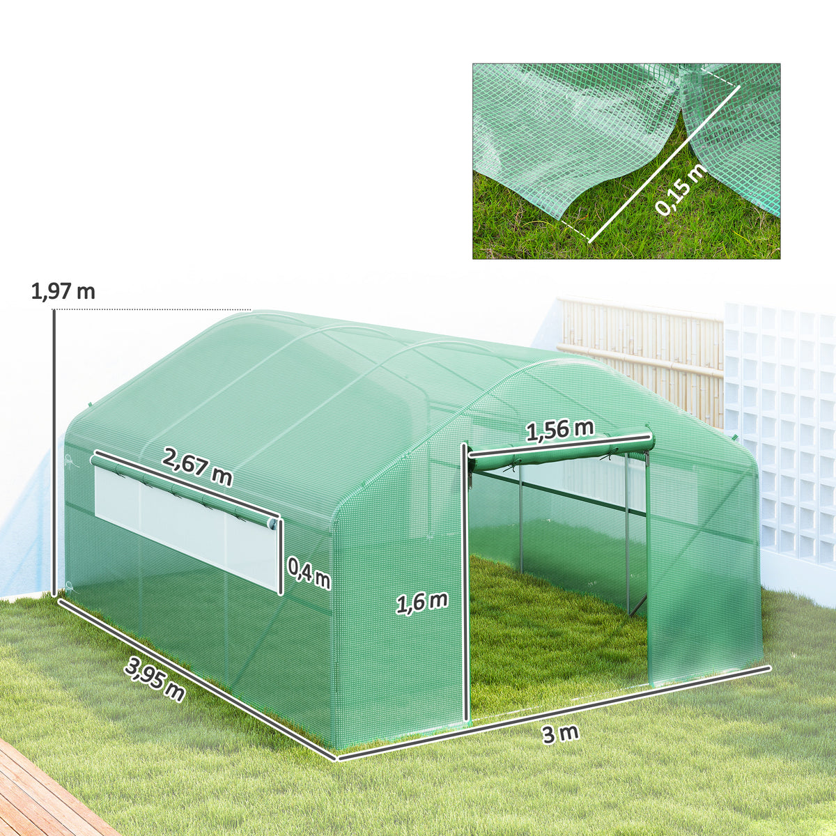 Serre de jardin 4 x 3 x 2m avec portes enroulables et grandes fenêtres, serre tunnel de jardin, vert-2
