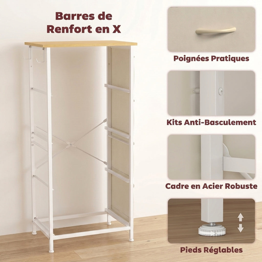 Commode 4 tiroirs en tissu, meuble de rangement avec 4 poches, 2 crochets, structure en acier, 45 x 30 x 94,5 cm, Beige-6
