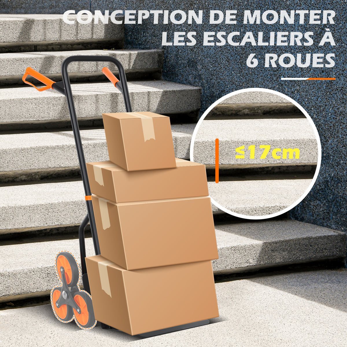 Diable d'escalier pliable 120 kg 6 roues, diable demenagement en acier avec cordes télescopiques, 44x67x106,5cm, orange-4