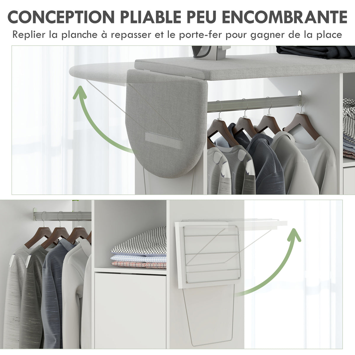 Armoire à repasser sur roulettes, table à repasser pliante, étagère réglable, barre de suspension, 127x42,5x99cm, blanc-4