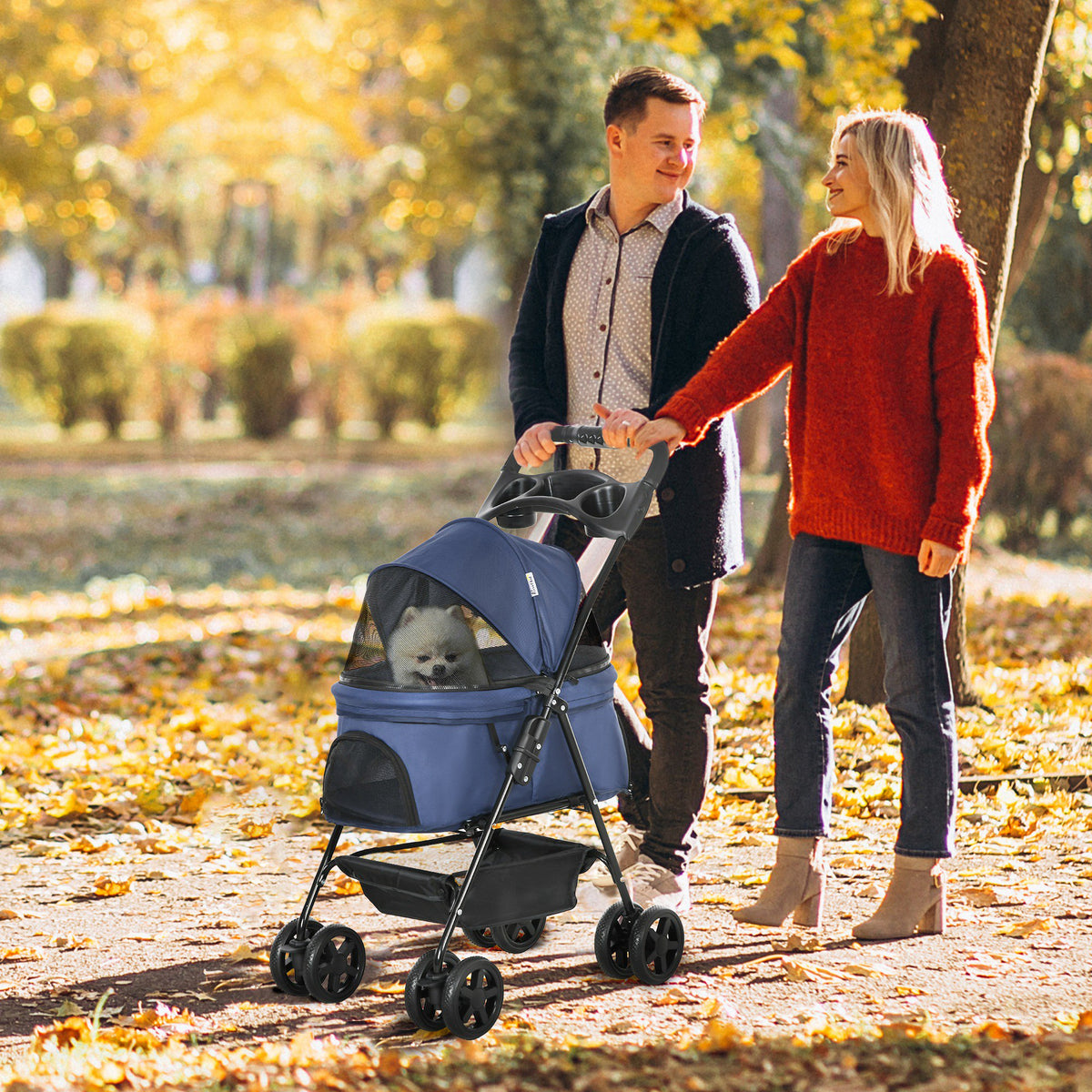 Poussette buggy pliable chien chat panier rangement porte-gobelets tissu 300D Oxford imperméable 4 roues bleu foncé-9