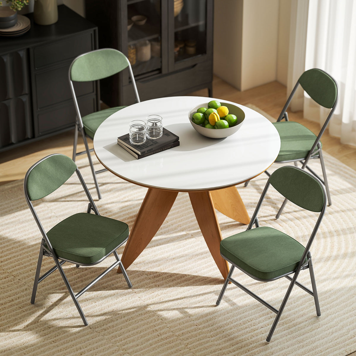 Lot de 4 chaises pliantes chaises de salle à manger portables avec assises et dossiers rembourrés en velours côtelé vert-7