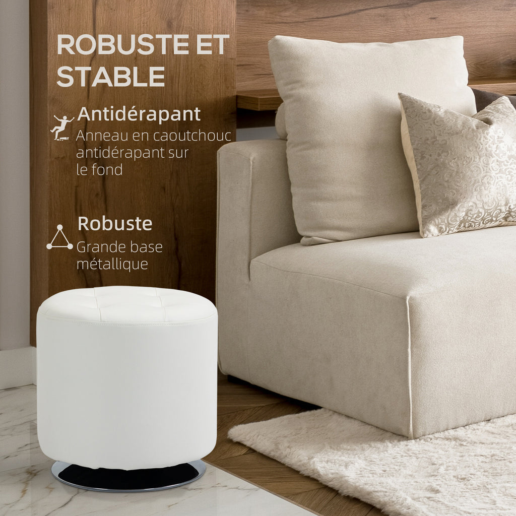 Repose pied salon pivotant à 360°, ottoman rond rembourré en PU avec base en acier, Ø 45,5 x 44,5 cm, blanc-5