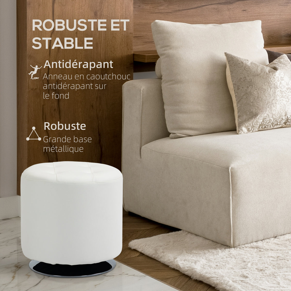 Repose pied salon pivotant à 360°, ottoman rond rembourré en PU avec base en acier, Ø 45,5 x 44,5 cm, blanc-5