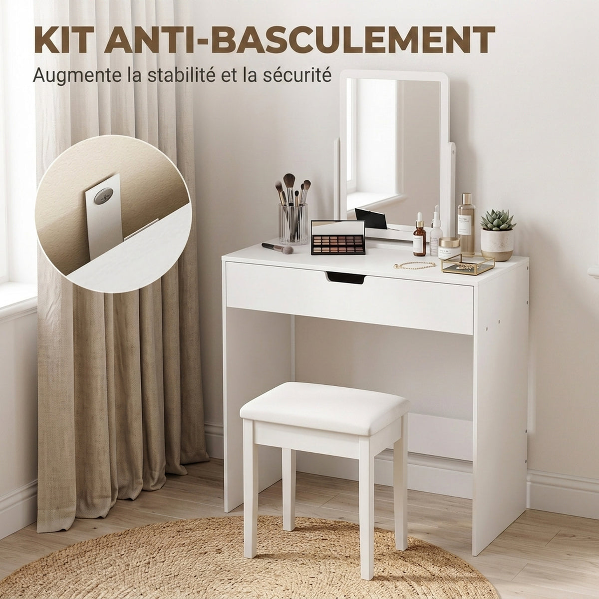 Coiffeuse avec tiroir, table de maquillage moderne moderne, pour chambre à coucher, 75 x 40 x 75 cm, blanc-6