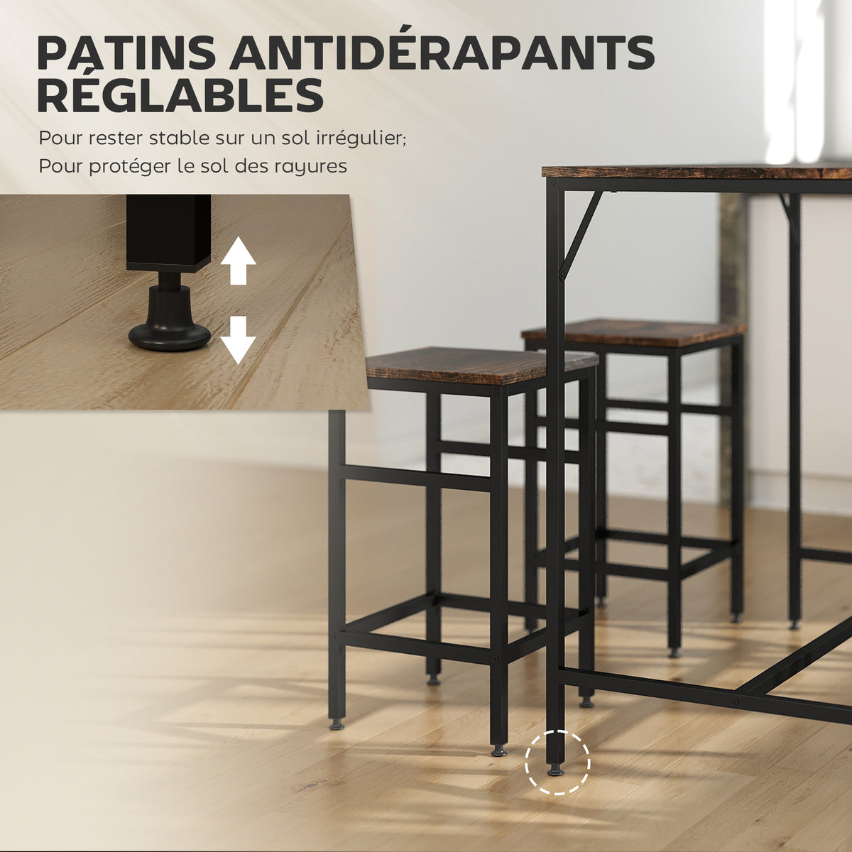 Ensemble table de bar industriel + 4 tabourets repose-pieds en bois couleur chêne cadre en métal noir-5