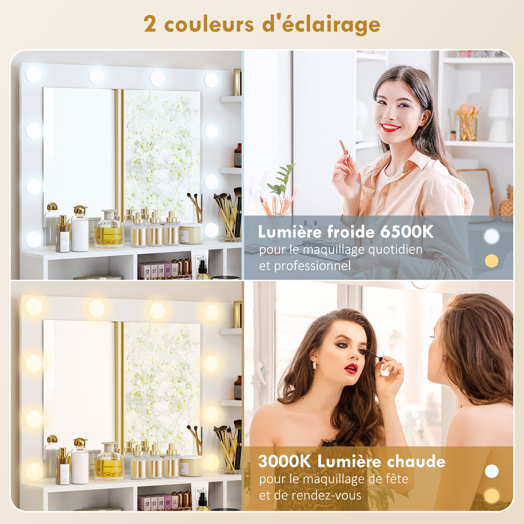 Coiffeuse avec miroir et 10 lumières LED, luminosité réglable, tiroir, placard et étagères ouvertes, 80x40x135cm, blanc-3