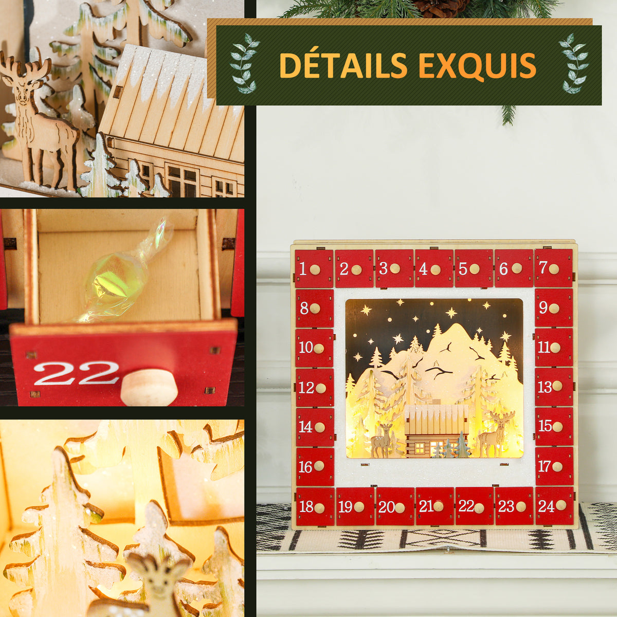 Calendrier de l'Avent LED, décorations de Noël en bois, 24 tiroirs à remplir, décoration lumineuse, rouge-5