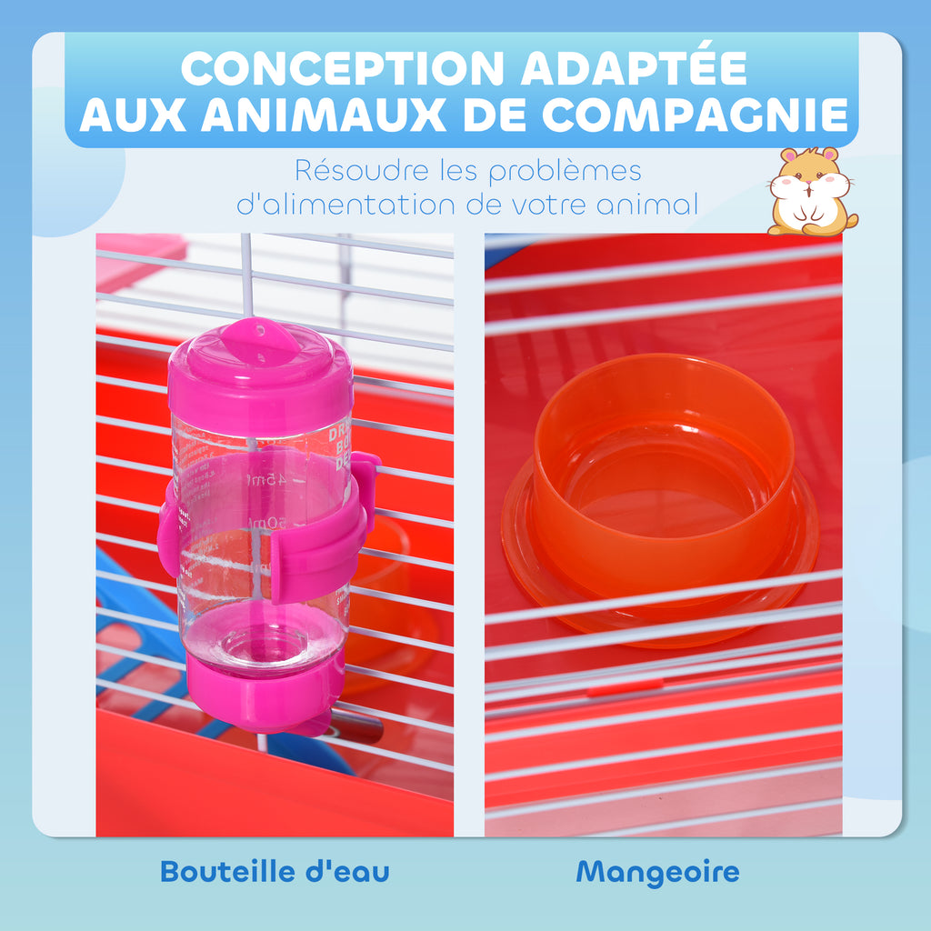 Cage hamster, cage rongeur à 2 niveaux, base amovible nettoyage facile, cabane, roue d'exercice, 47 x 30 x 27 cm, blanc-3