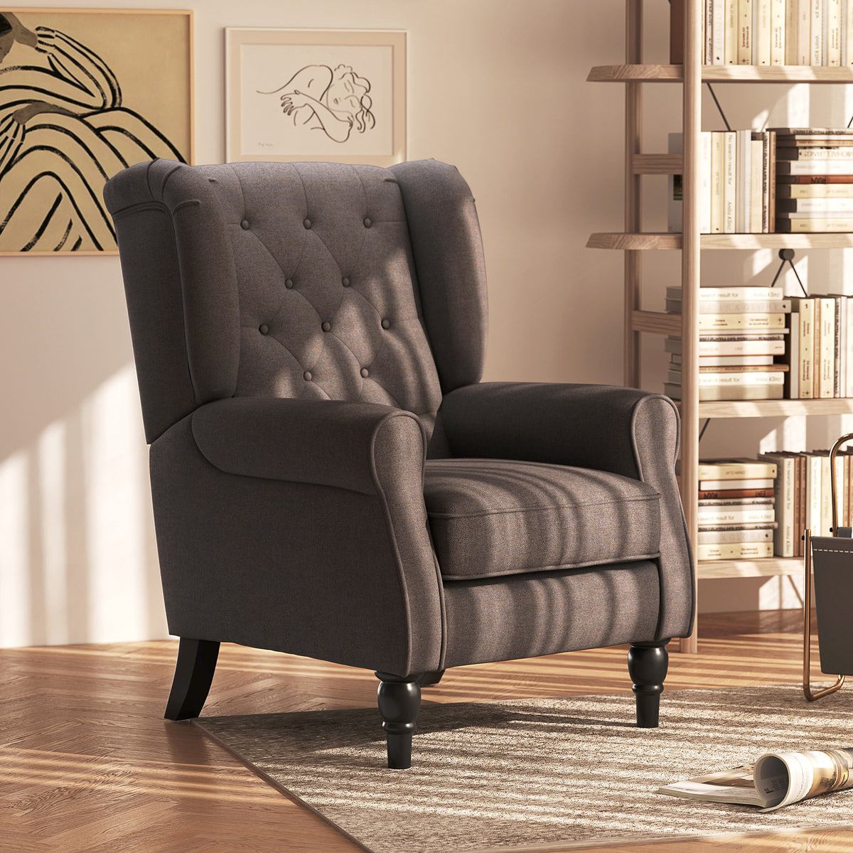 Fauteuil de salon capitonné avec assise large, pieds en bois, style classique, grand confort, 74 x 86 x 102 cm, marron-1