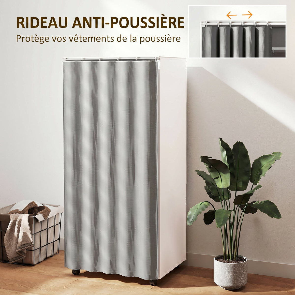 Armoire penderie armoire de rangement mobile avec rideau, tringle de suspension, 60 x 40 x 128 cm, blanc-4