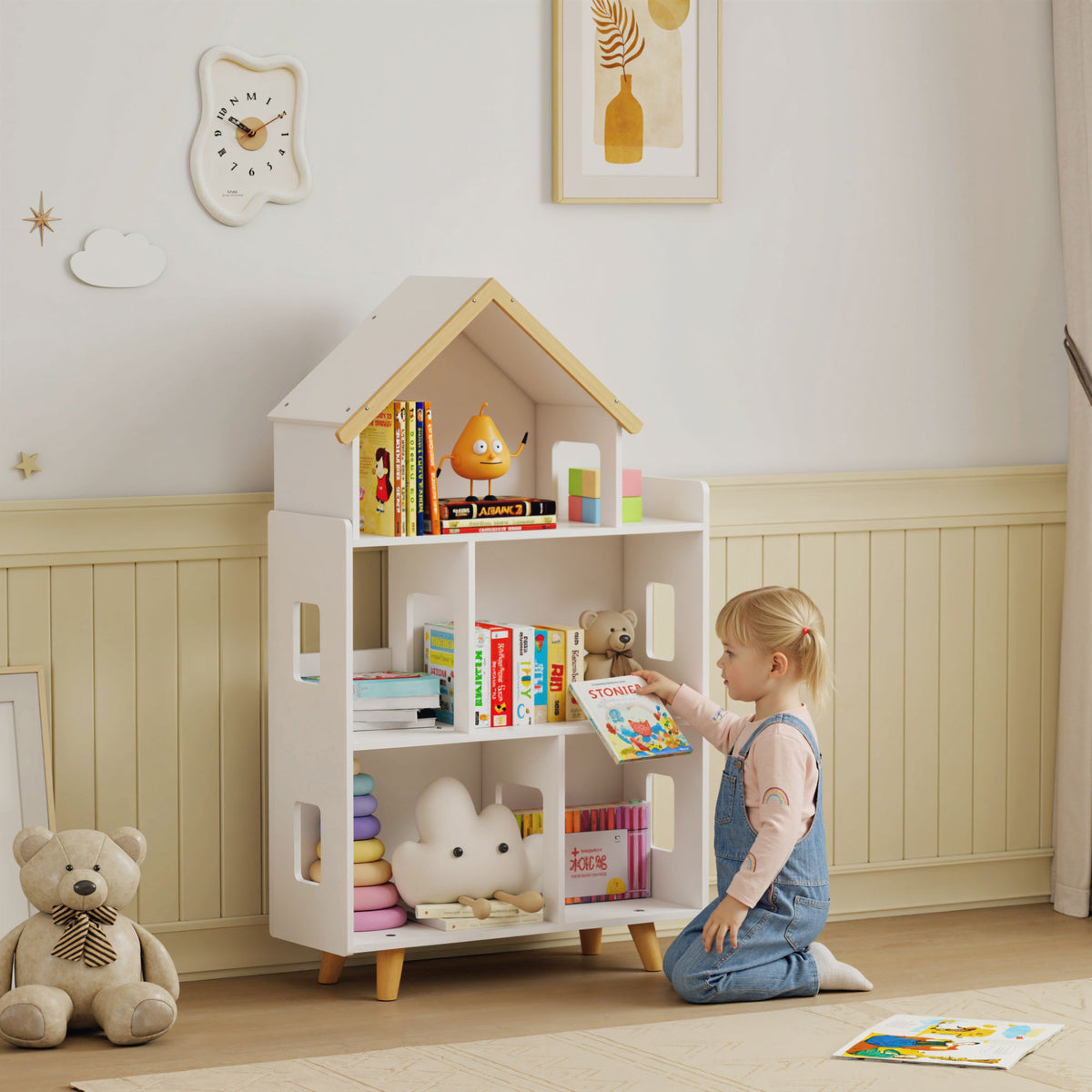 Étagère de rangement pour jouet enfant et livres forme de maison 3 niveaux  65 x 25 x 108,5 cm blanc et naturel-1