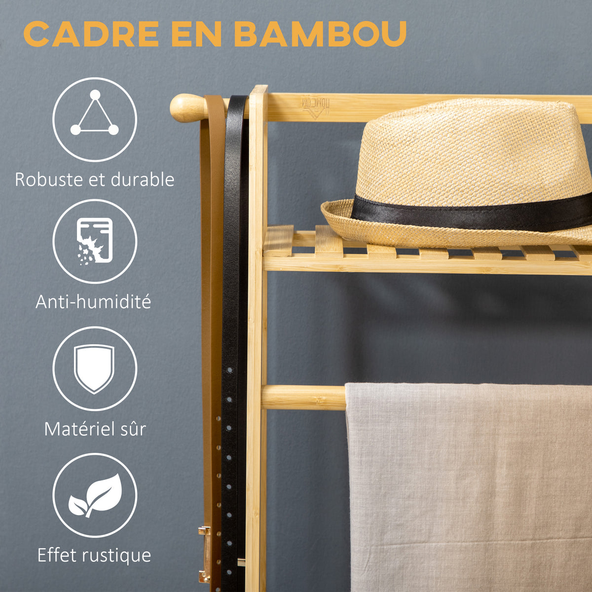 Portant à vêtements penderie porte-manteau avec 2 étagères 2 crochets et 1 barre de suspension en bambou-4