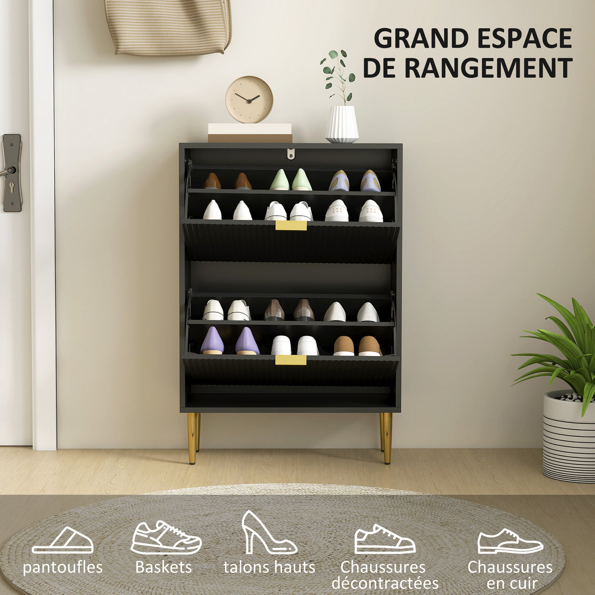Meuble à chaussures 12 paires avec 2 tiroirs rabattables, portes cannelées et étagères réglables, 60x24x91,5cm, noir-4