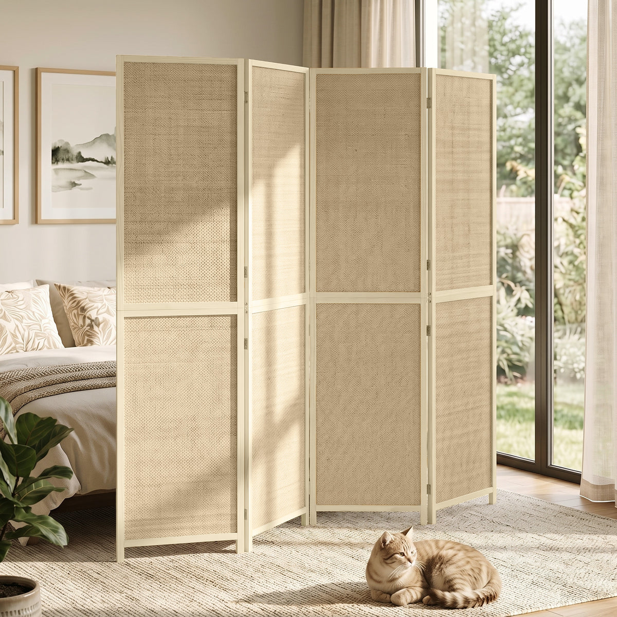 Paravent Interieur en Bambou 4 Panneaux 180x180cm, Séparateur de Pièce Pliable et Portable, Style Bohème, Bois Naturel-8
