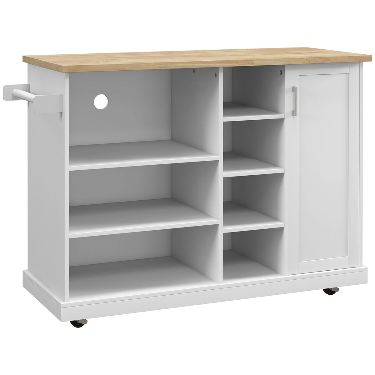 Desserte îlot de cuisine sur roulettes 7 compartiments 1 placard 1 porte 1 porte torchons 129 x 51 x 93 cm bois et blanc-0