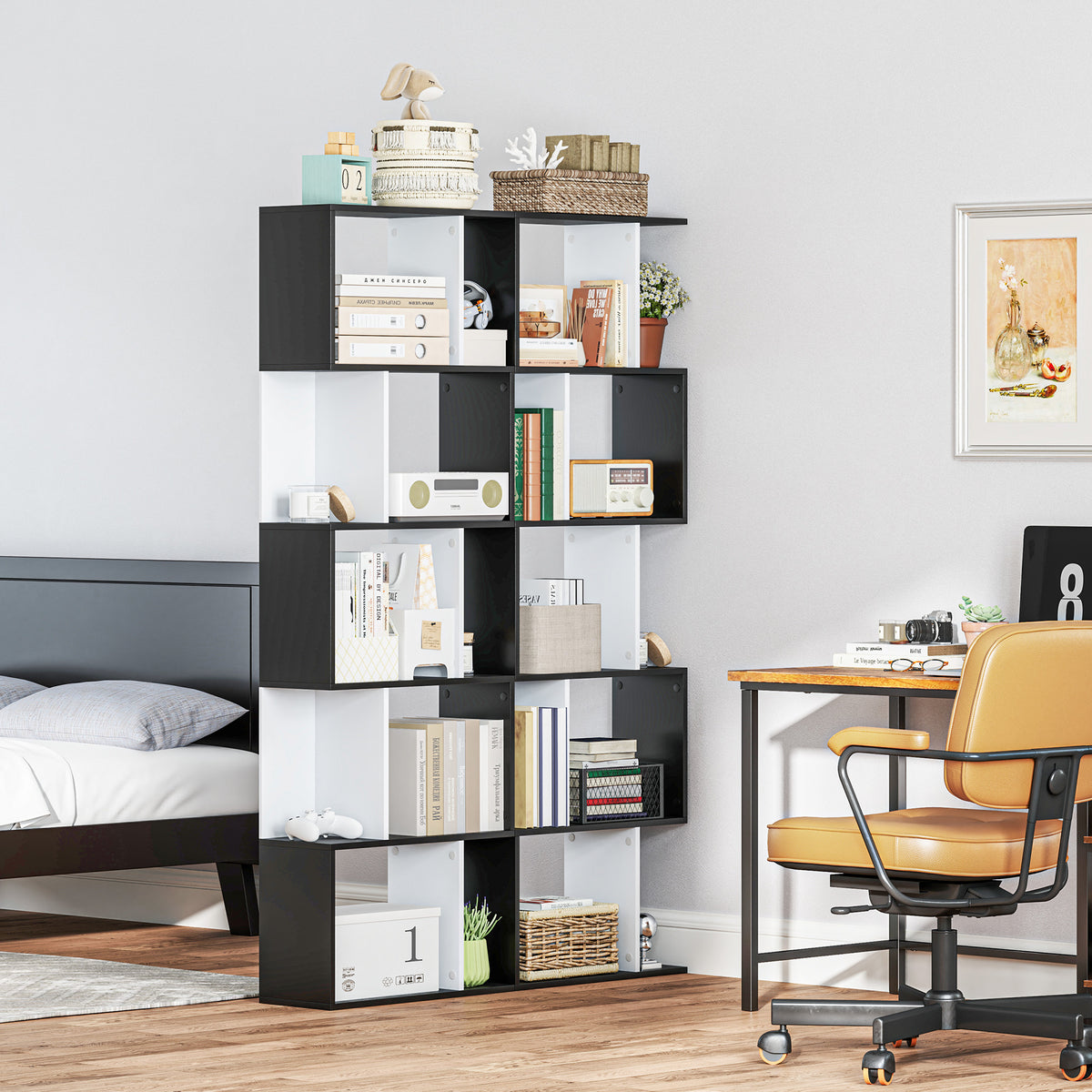 Bibliothèque à 5 niveaux, meuble de rangement en forme de S avec étagères, étagère de rangement pour salon, chambre bureau, 60 x 24 x 184,5 cm, noir, blanc-9