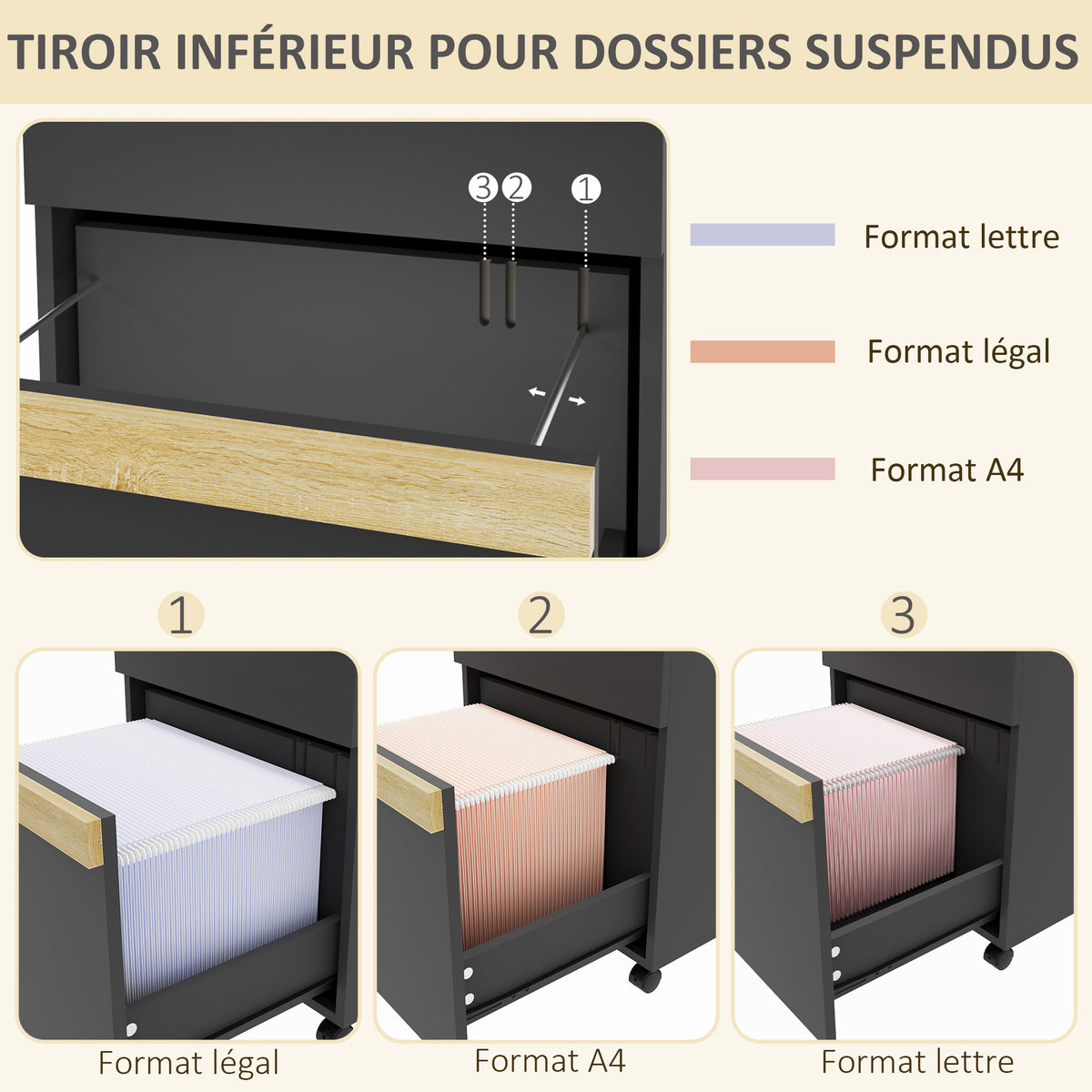 Caisson de bureau à roulettes avec 2 tiroirs coulissants trieur à dossiers 48 x 40 x 59,5 cm noir-3