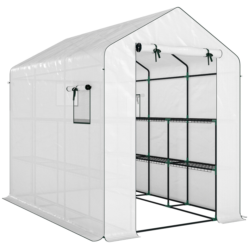 Serre de jardin 3 m² avec étagères 3 niveaux, PE renforcée 135 g/m² anti-UV, porte enroulable et fenêtres en maille-0