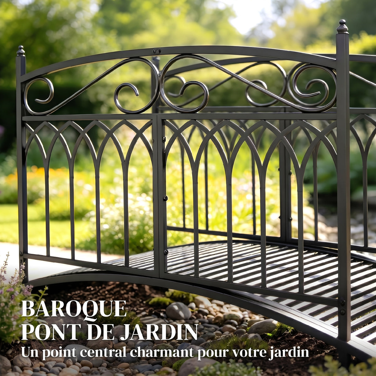 Pont de Jardin en Métal Style Baroque Passerelle Décorative avec Garde-Corps 91cm et Charge 100kg Noir-3