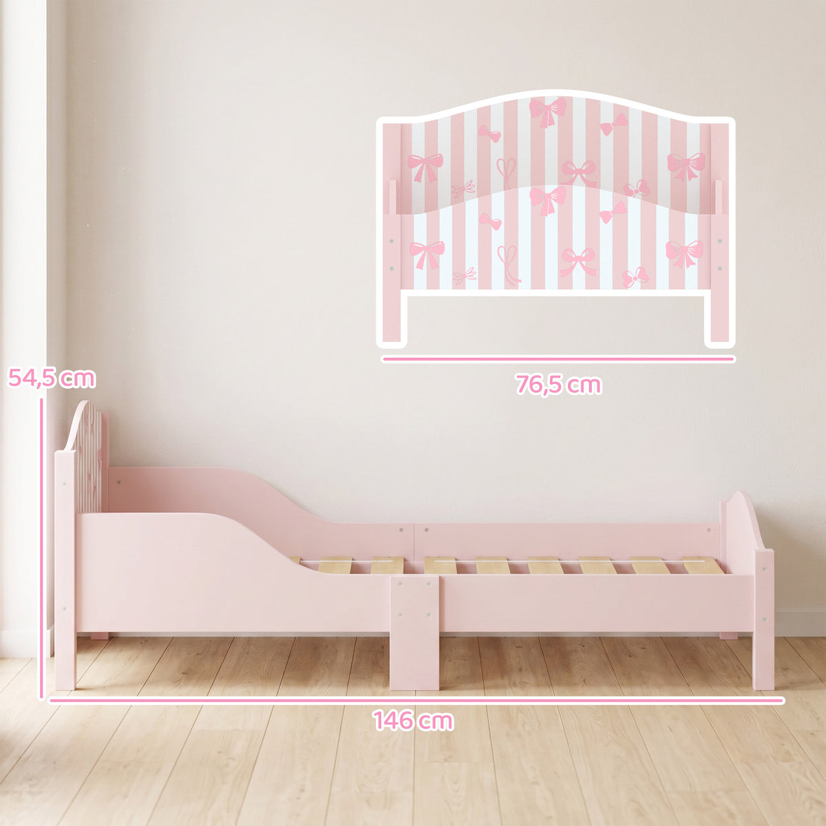 Lit Enfant 70 x 140 cm, Lit pour Enfant avec Barrière de Sécurité et Sommier à Lattes en Bois, Motif Nœud, Rose-2