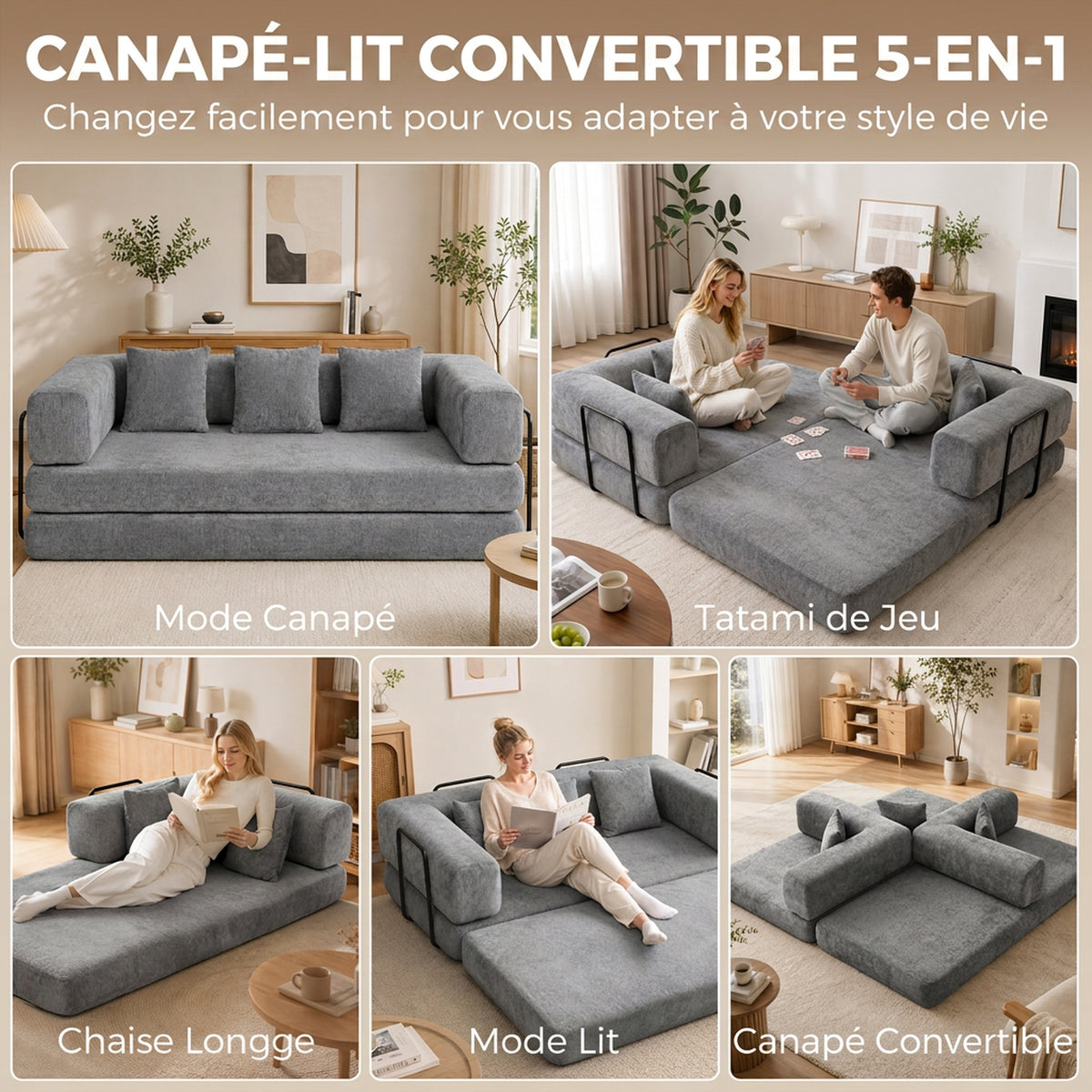 Canapé Convertible 3 Places Compressé 5 en 1, Canapé-Lit en Chenille 205cm, Assise Profonde, 2 Coussins, Gris-3