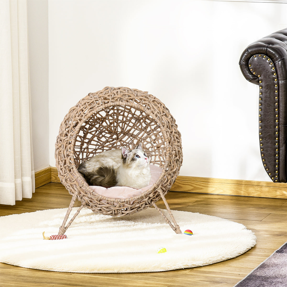 Panier chat lit surélevé chat cosy niche grotte grand confort dim. Ø 52 x 58H cm coussin moelleux inclus résine tressée imitation rotin beige-1