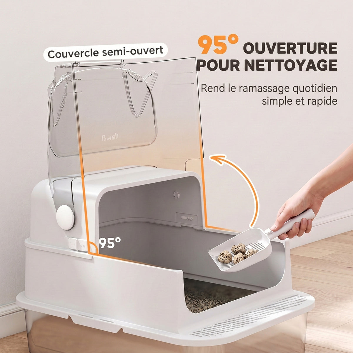 Bac à Litière pour Chat en Acier Inox avec Couvercle 3 en 1 Bords Hauts Pelle et Sacs Anti-Odeur XL 70x50x46cm Blanc-3