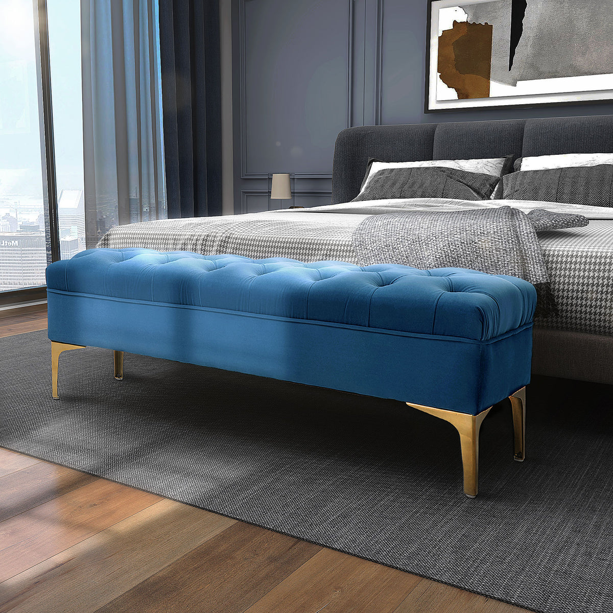 Banc banquette capitonnée bout de lit style classique chic 118L x 45l x 42H cm piètement métal doré velours bleu-1