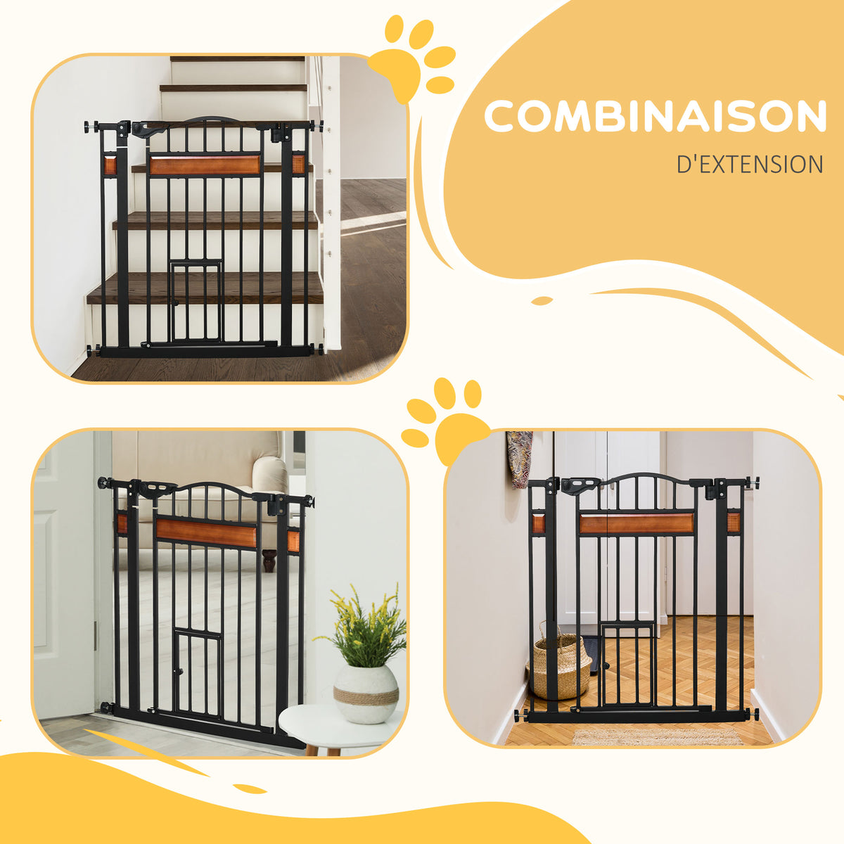 Barrière de sécurité pour animaux système de double verrouillage sans perçage 74 à 80 cm acier bois de pin noir-8