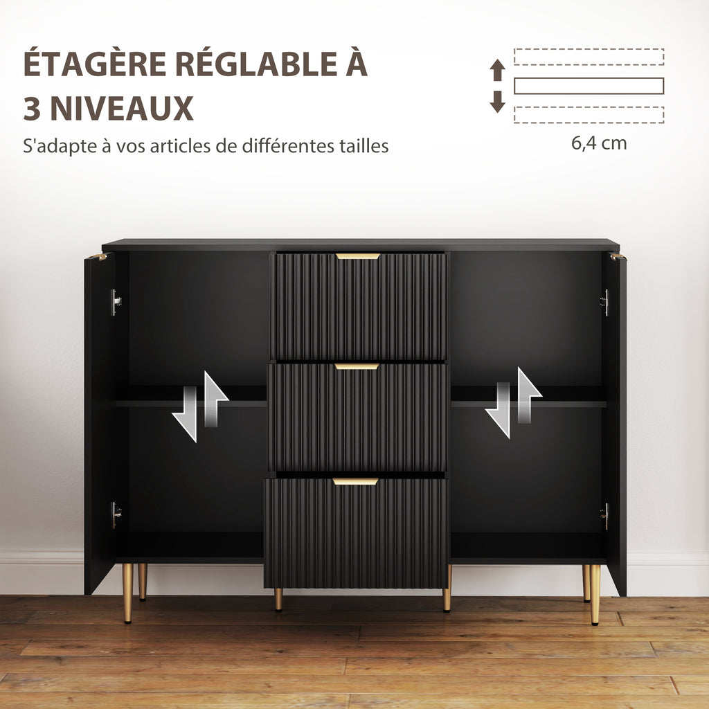 Buffet meuble cuisine rangement avec 3 tiroirs, étagères réglables, placards à portes cannelées, 120 x 40 x 90 cm, noir-4
