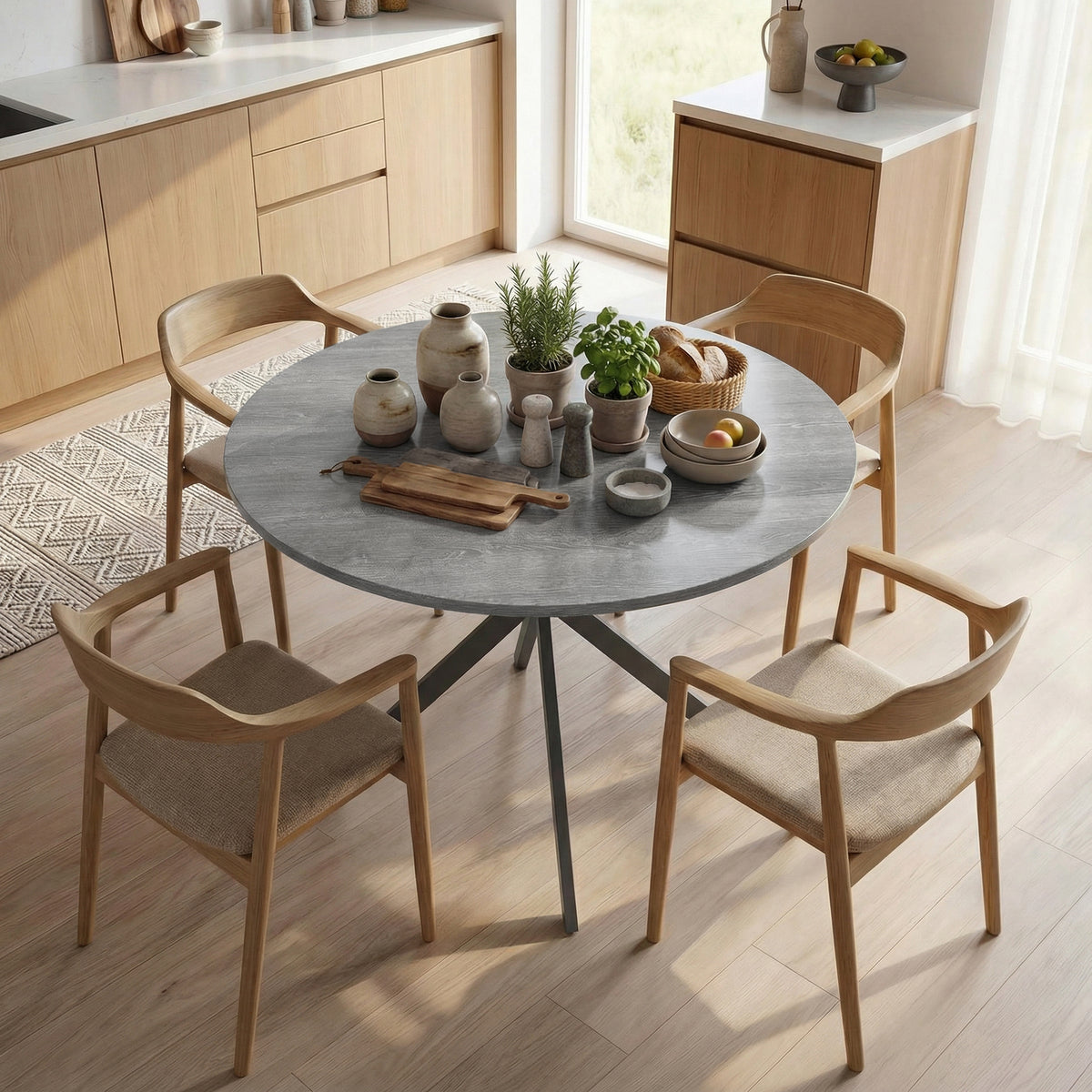 Table à Manger Ronde pour 4 Personnes 100 cm, Style Industriel avec Plateau Aspect Bois, Piètement Croisé en Acier, Gris-9