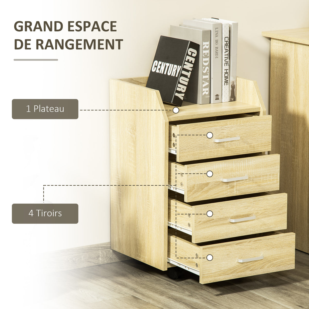 Caisson bureau rangement sur roulettes 4 tiroirs coulissants MDF et panneaux particules 40x36x65cm bois naturel-3