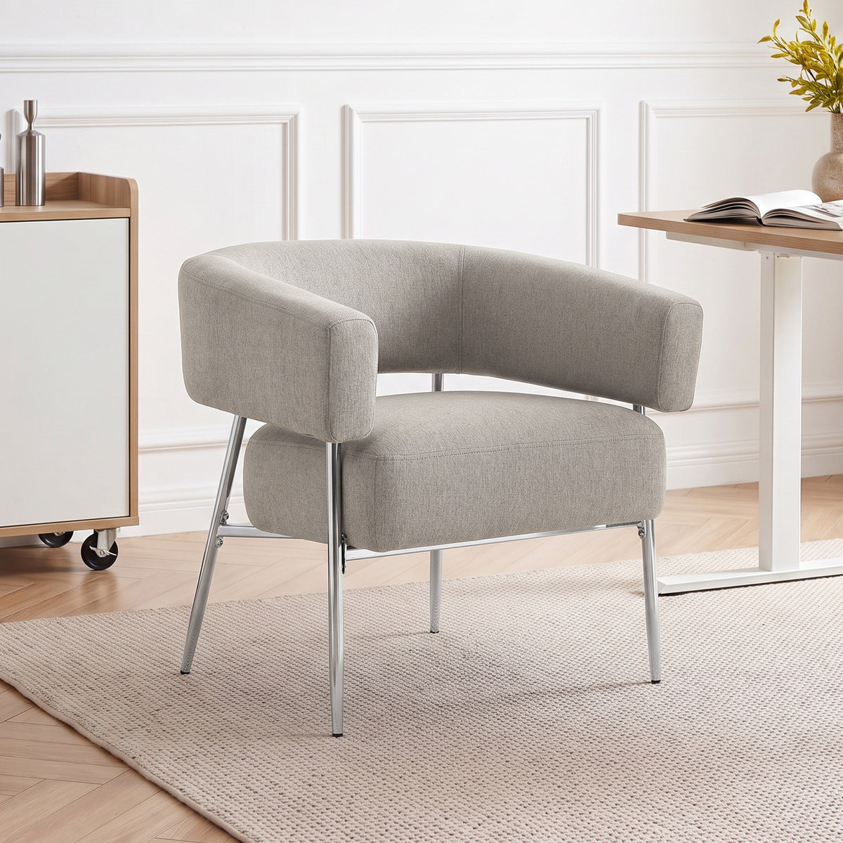 Fauteuil Salon, Fauteuil d'Appoint Rembourré en Tissu Aspect Lin, Dossier Incurvé et Accoudoirs, Style Moderne, Marron-1