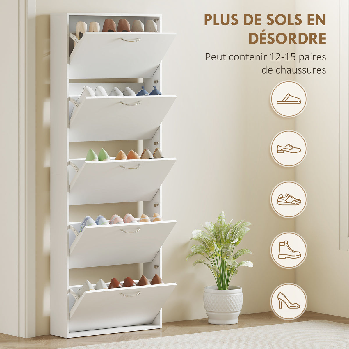Meuble à chaussures 15 paires, armoire à chaussures étroite moderne avec 5 tiroirs rabattables, 65 x 17 x 180,5 cm blanc-3