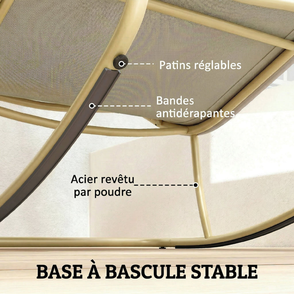 Fauteuil à Bascule Extérieur Coussin Moelleux 125cm Large 64cm en Acier et Textilène Beige et Doré-6