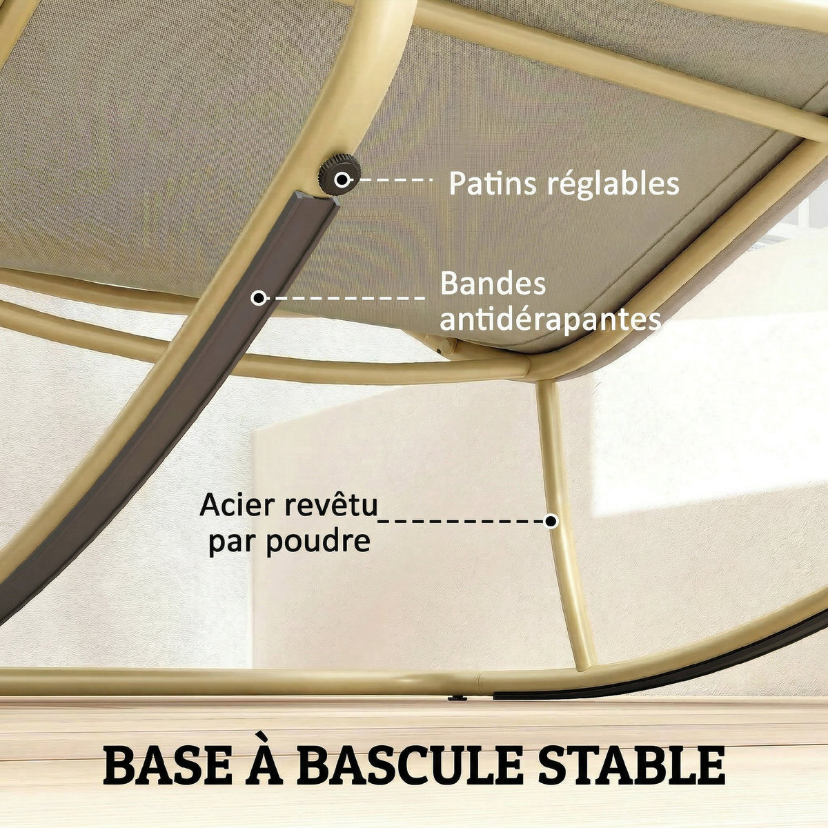 Fauteuil à Bascule Extérieur Coussin Moelleux 125cm Large 64cm en Acier et Textilène Beige et Doré-6