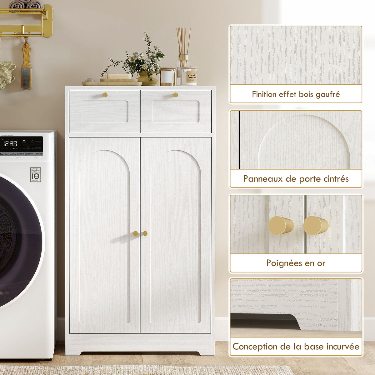 Meuble de salle de bain meuble de rangement avec 2 tiroirs double porte arquée étagères réglables 60x30x108cm blanc-5