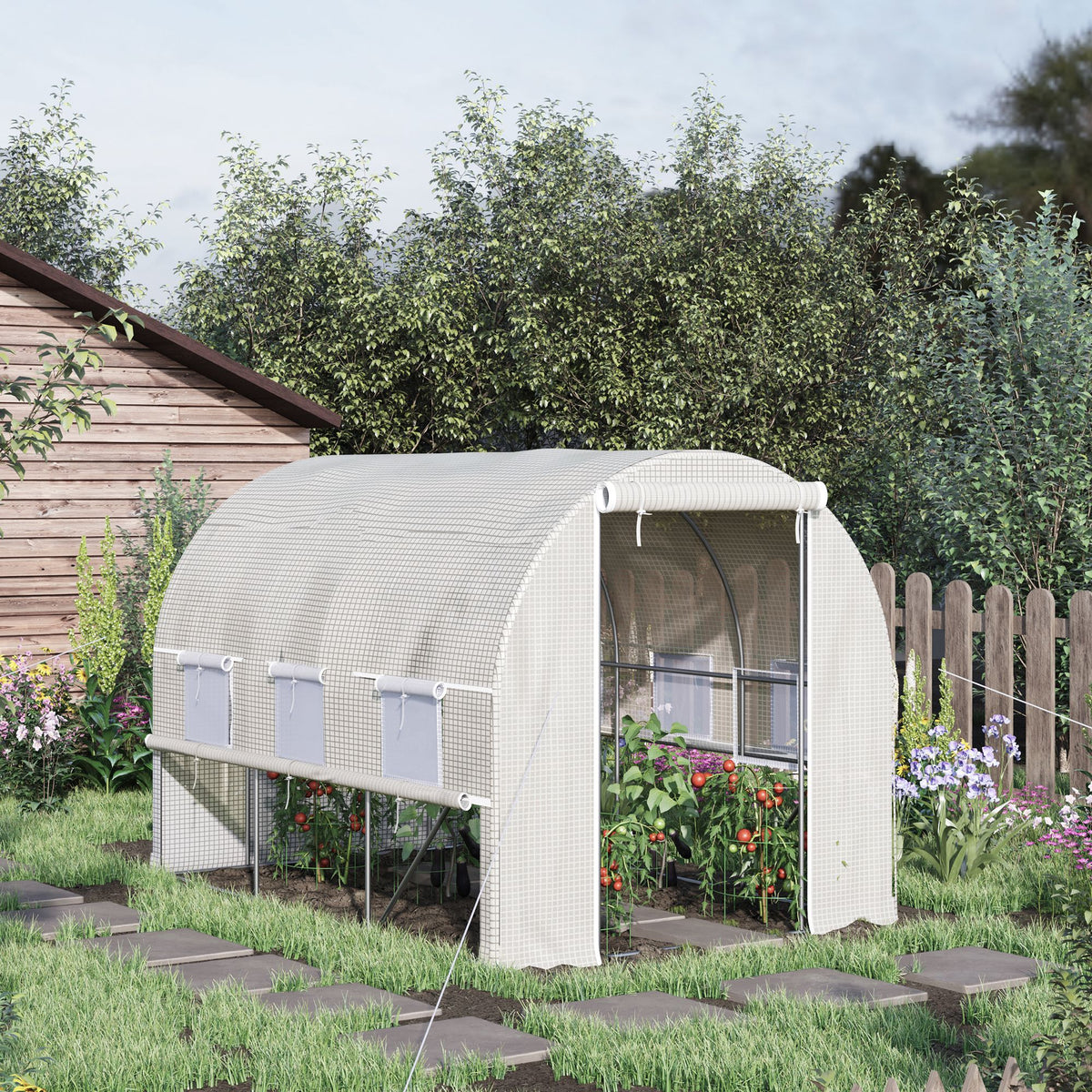Serre de jardin tunnel serre tunnel 6 m² avec 6 fenêtres porte enroulable toile PE structure en acier galvanisé blanc-9