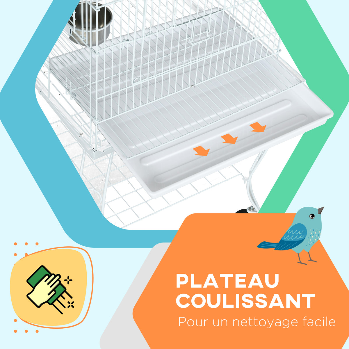 Cage à oiseaux sur roulettes avec étagère plateau amovible 2 bols perchoir acier inoxydable 51 x 51 x 153 cm blanc-4