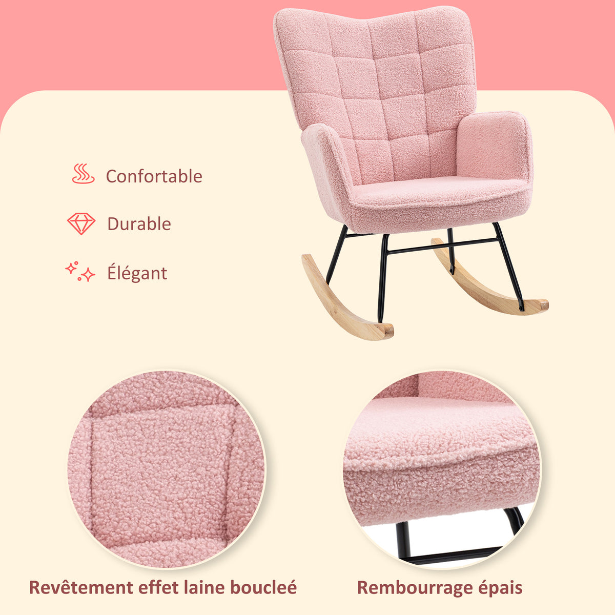 Fauteuil à bascule rocking chair revêtement bouclette structure en acier 71 x 98 x 101 cm rose-4