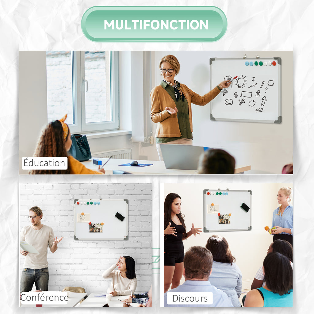 Tableau blanc magnétique cadre aluminium 60 x 45 cm avec feutres, effaceur et aimants-5